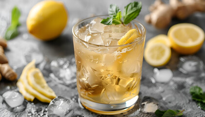 Glass of tasty ginger ale with ice cubes and ingredients on grey table