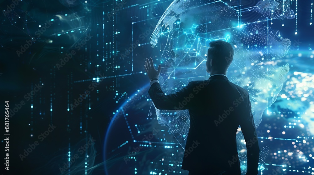 Poster Businessman show virtual graphic Global Internet connect Artificial Intelligence using command Chatbot for generates something Futuristic technology transformation chatbot Chat with AI : Generative AI