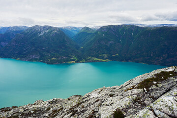 View towards the Krokadalen Valley seen from the Molden Mountain by the Lustrafjorden Fjord, Norway.