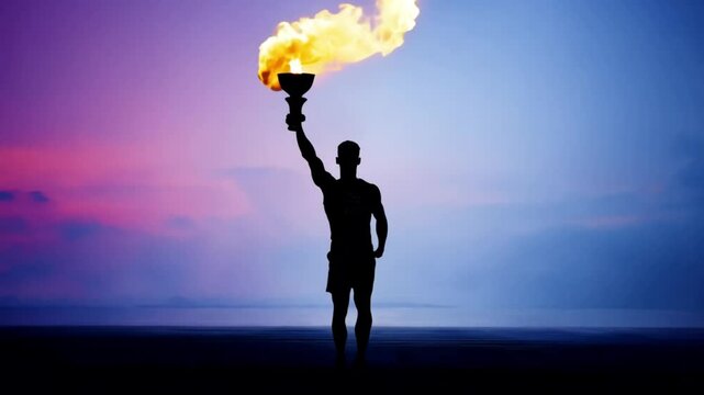 Athlete running with burning Olympic torch Olympics golden torch with fire flame moving. Athlete holding Olympic fire. Sport 4k video silhouette