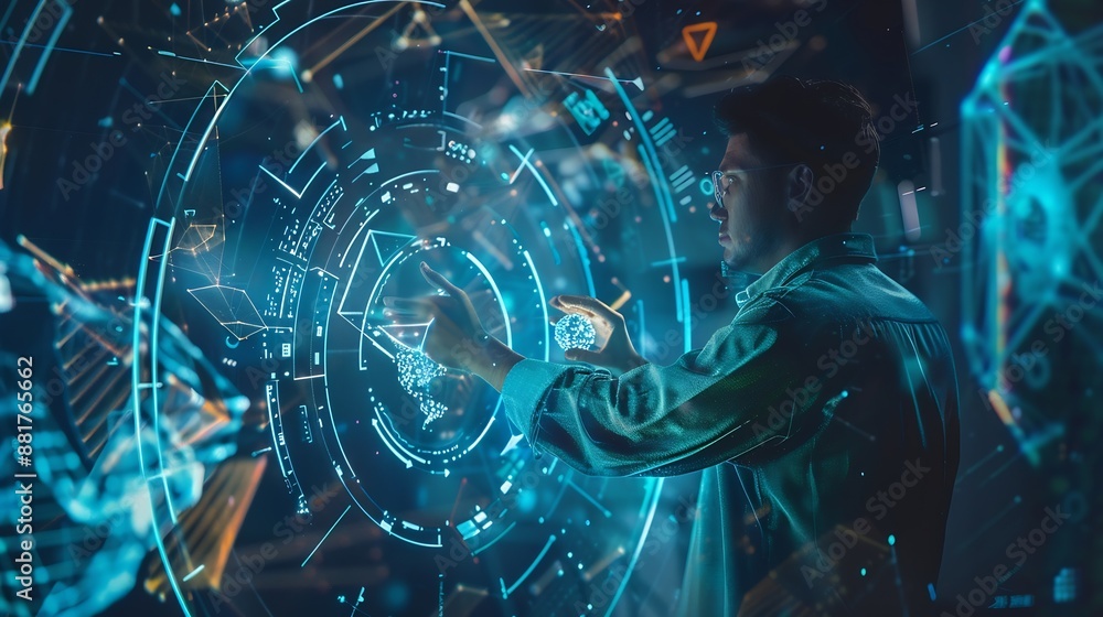 Poster professional in a teal shirt demonstrating artificial intelligence technology using interactive digital graphics : Generative AI