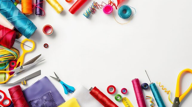 Sewing needlework and clothing repair background scrapbooking quilting Colorful pieces of fabric scissors ruler sewing tools needles threads on a white table background top view copy s : Generative AI