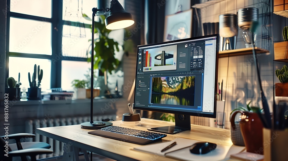 Poster Graphic designer software for modern design of web page and commercial ads showing on the computer screen : Generative AI