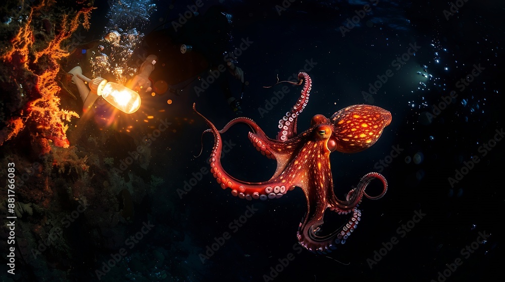 Poster juvenile octopus is swimming to the torch light from boat in the black water dive torch light will h