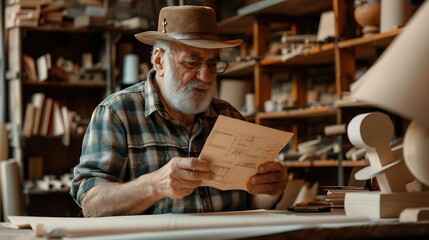 Senior Caucasian retired old male woodworker carpenter reading rechecking and comparing drawing plan with finish wooden figure toy or furniture before giving to customer Hobby Retireme : Generative AI