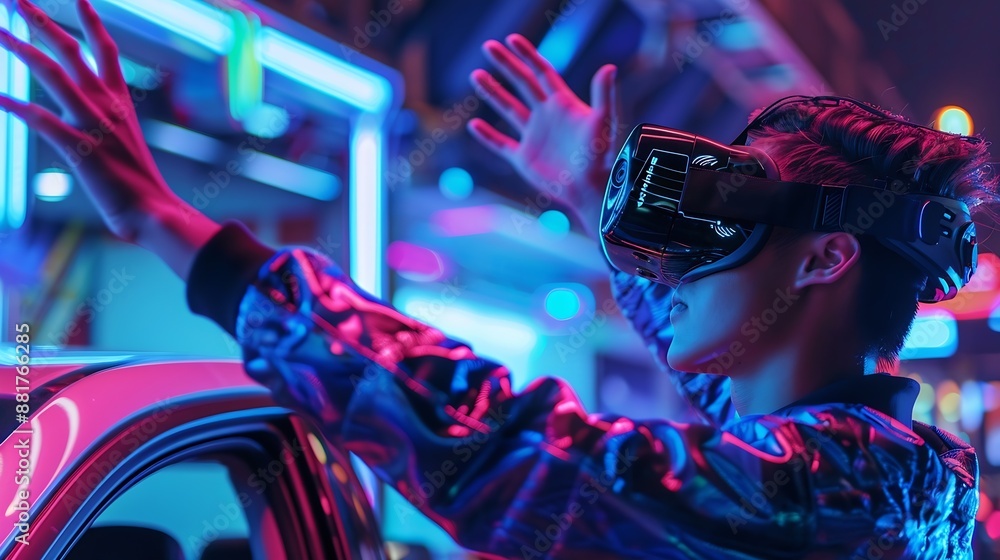 Fototapete smart man wear virtual goggle while move driving car hand gesture caucasian teenager using futuristi