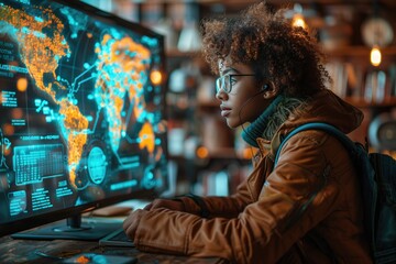 AI Tutor and Student: A student sitting at a desk with a holographic AI tutor projected from a device, engaged in an interactive learning session. 