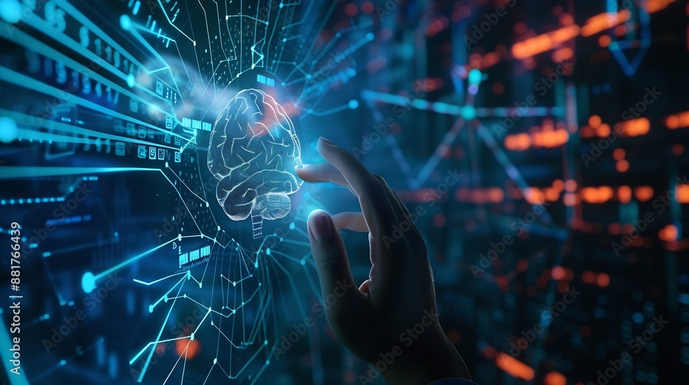 Poster Hand with virtual AI technology analyzing processing for brain digital system development or big data knowledge innovation or future digital transformation and strategy business manage : Generative AI