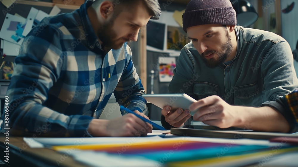 Poster Two creative graphic designers discuss about colors swatch to designing project and draw on tablet : Generative AI