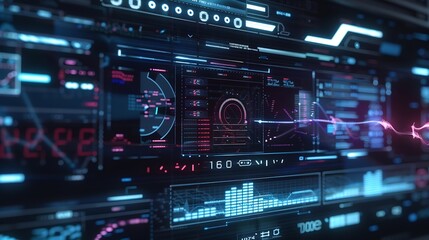 Digital interface with various graphs and data visualizations Background shows binary code and abstract patterns indicating hightech environment : Generative AI