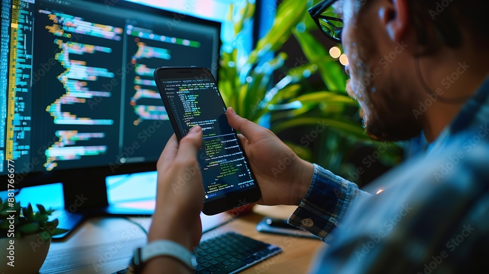 Aufkleber Digital software development 40 technology Data transfer Big data Internet of Things IoT concept Man programmer software engineer using mobile smartphone with computer code : Generative AI