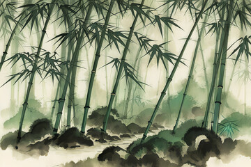 A lush bamboo forest with layers of mountain peaks in the style of ink painting