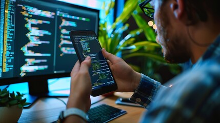 Digital software development 40 technology Data transfer Big data Internet of Things IoT concept Man programmer software engineer using mobile smartphone with computer code : Generative AI