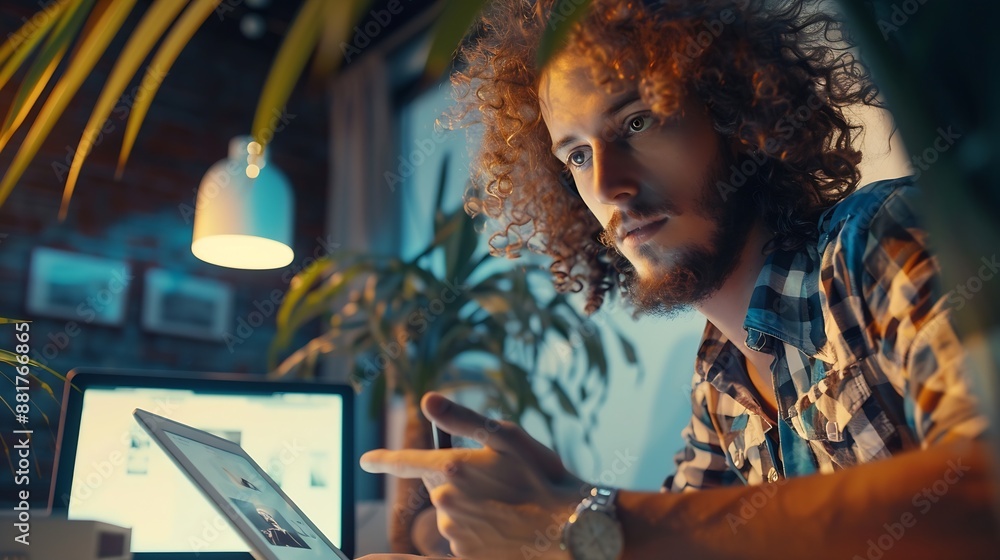 Aufkleber focused curlyhaired man editing photos on tablet and looking at monitor in modern startup office : g