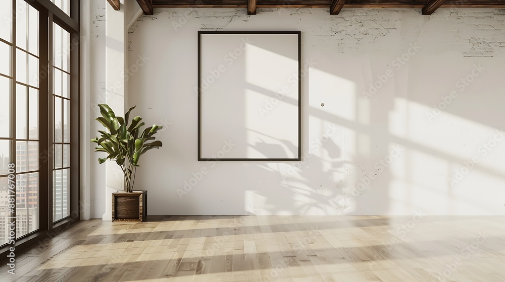 Poster blank picture frame on the white wall in a loft interior with windows mock up 3d render : generative