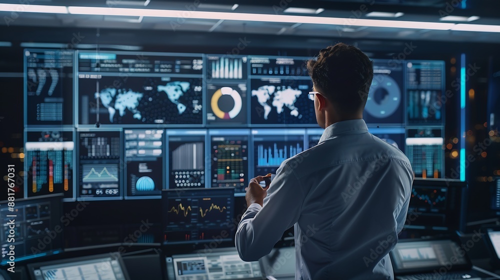 Poster Businessman analysis enterprise data management by AI artificial intelligence technology Business analytics dashboard charts metrics KPI to improve insight report for operation Analyst : Generative AI
