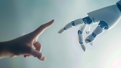 A human hand is reaching or pointing towards an AI robot's finger, symbolizing the connection between humans and artificial intelligence in technology.
