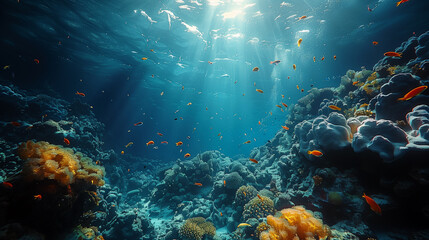 Fototapeta premium Beautiful and colorful tropical fish with coral reef in the deep sea underwater background