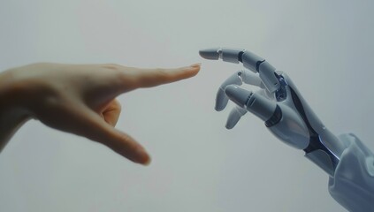 A human hand is reaching or pointing towards an AI robot's finger, symbolizing the connection between humans and artificial intelligence in technology.