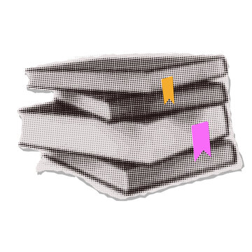 Trendy vintage halftone collage paper sticker with books stack. Education, wisdom and study metaphor. Knowledge concept. Intellectual development. Smart thinking. Vector realistic illustration.