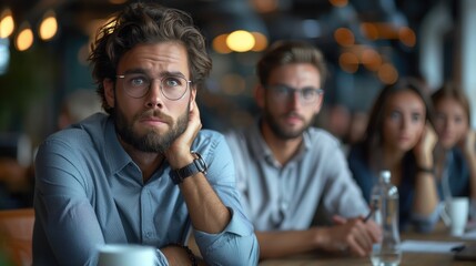 Team Discussion Discomfort: During a team discussion, one person laughs heartily at their own comment, while others look at their phones or away, avoiding eye contact. 