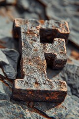 A close-up shot of a rusted letter F on a rocky surface