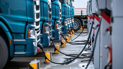 A row of electric powered ev trucks charging at an industrial outdoor facility. Ev logistic trailer truck or electric vehicle lorry at charging station