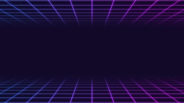 VHS Synthwave wireframe net seamless loop. Abstract digital background. 80s, 90s Retro futurism, Retro wave cyber grid. Top and bottom surfaces. Neon lights glowing. Retro lo-fi style . High quality
