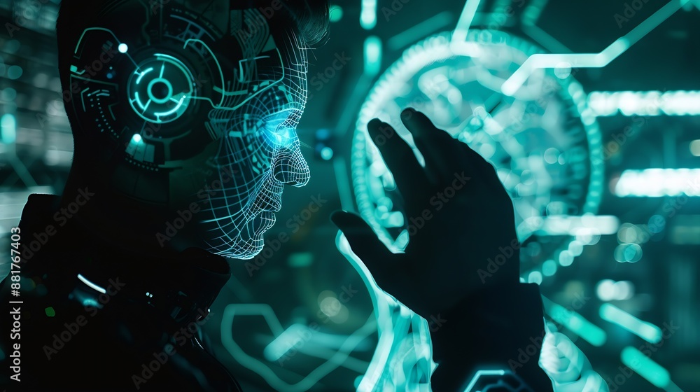 Fototapete Artificial Intelligence Ai technology man using technology smart robot AI artificial intelligence by enter command prompt for generates something Futuristic technology transformation : Generative AI