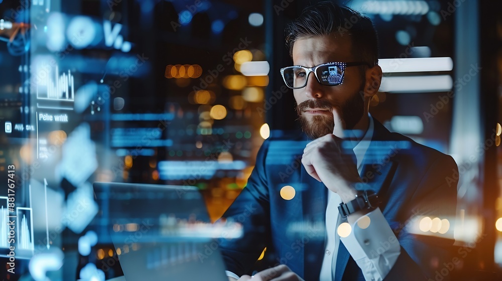Poster Businessman use artificial intelligence AI technology for enhanced work efficiency data analysis and efficient tools Unlocking work potential with AI solutions chatbot help solve work  : Generative AI