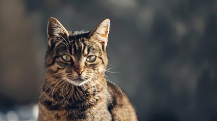 Closeup of a brown tabby cat sitting and facing the camera Adorable feline pet portrait curious expression domestic animal : Generative AI