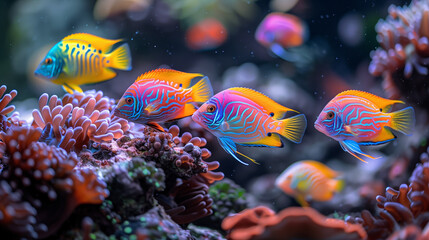 Beautiful and colorful tropical fish with coral reef in the deep sea underwater background