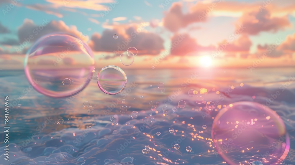 Poster beautiful view of beautiful ocean with gradient pop bubbles floating on sea water with sunset view i