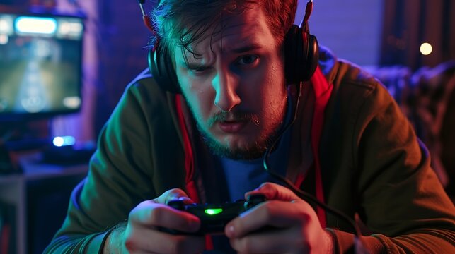Portrait of irritated gamer upset after losing in online multiplayer videogame played using controller Man frustrated after seeing game over message while playing on console : Generative AI