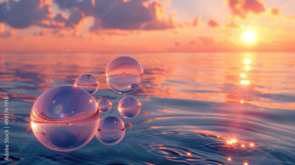 Aufkleber beautiful view of beautiful ocean with gradient pop bubbles floating on sea water with sunset view i