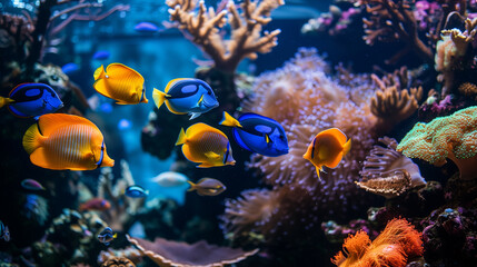 Obraz premium Beautiful and colorful tropical fish with coral reef in the deep sea underwater background