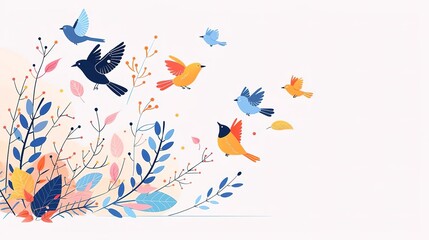 Colorful birds flying over a floral bush, nature background.