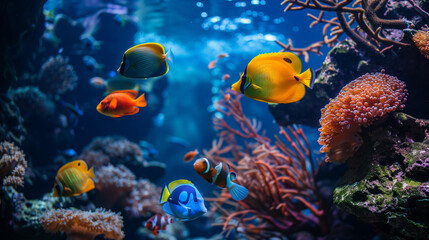 Obraz premium Beautiful and colorful tropical fish with coral reef in the deep sea underwater background