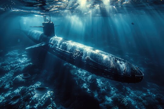 Submarine Encounter: A warship deploying depth charges or torpedoes in a tense standoff with a submerged enemy submarine, highlighting underwater warfare.