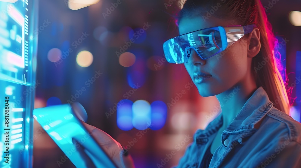 Poster woman with futuristic tablet in hand girl in glasses of virtual reality presses the start button aug