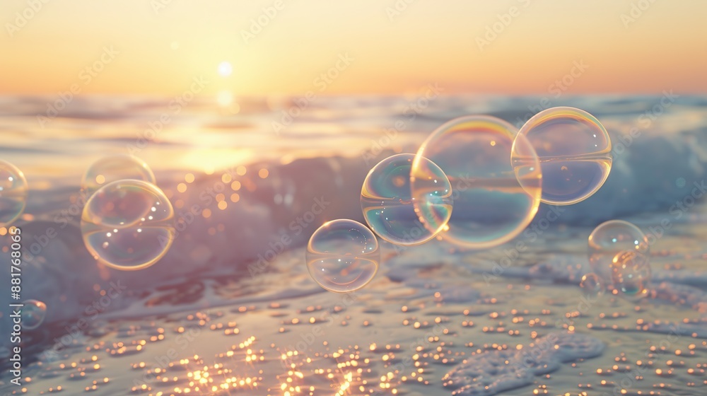 Poster beautiful view of beautiful ocean with gradient pop bubbles floating on sea water with sunset view i