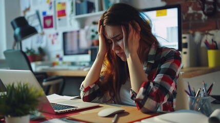 Graphic designer freelance women massage nose to resting with headache and stressful after sketching logo brand and working to designing about graphic design with technology equipment  : Generative AI