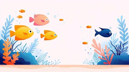 Fototapeta premium Cute cartoon fish swimming in the ocean with coral reefs and seaweed.