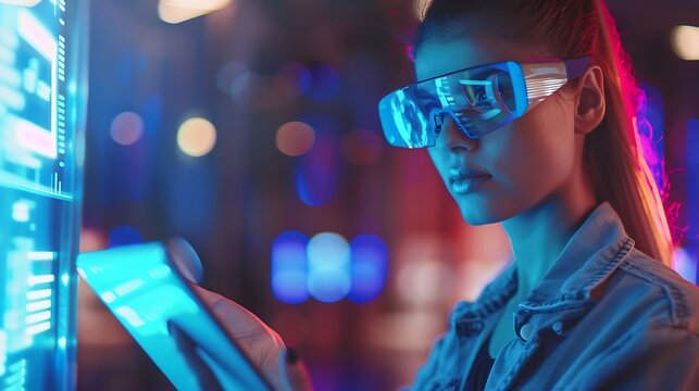 Woman with futuristic tablet in hand Girl in glasses of virtual reality presses the start button Augmented reality game future technology AI concept Holographic interface to display da : Generative AI