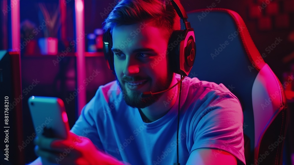 Leinwandbilder host channel of gaming smart streamer playing online game wearing headphone with viewers live steami