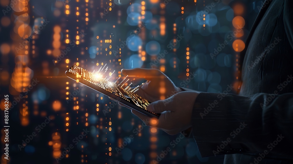 Fototapete Close up of businessman hand holding mobile phone with abstract glowing big data hologram with binary code on dark background Stream information filtering machine algorithm concept : Generative AI