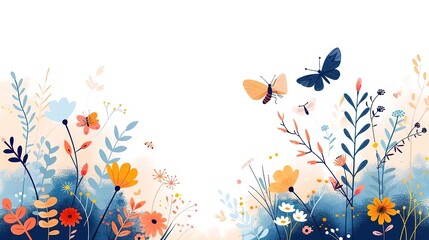 Watercolor illustration of a meadow with flowers and butterflies.