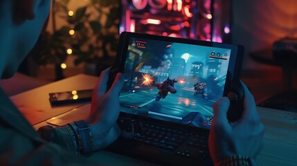 Mockup tablet on desk next to man in dark living room playing videogame on gaming PC Isolated screen portable device and gamer battling flying robots with futuristic gun in singleplaye : Generative AI