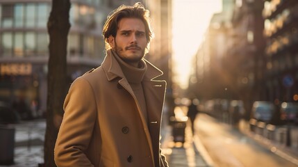 Fototapeta premium Stylish man posing in urban setting with buildings and golden sunlight in the background