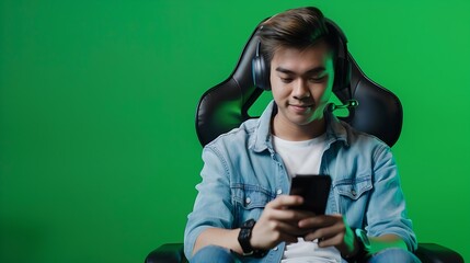 Asian person playing online games on smartphone sitting in chair over greenscreen Young guy using phone to play mobile games online rpg competition with different gamers worldwide : Generative AI